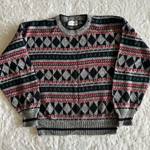 Vintage 90s Men's AIGNER Geometric Pattern Knit Sweater L Crewneck Grandpa - Picture 1 of 4